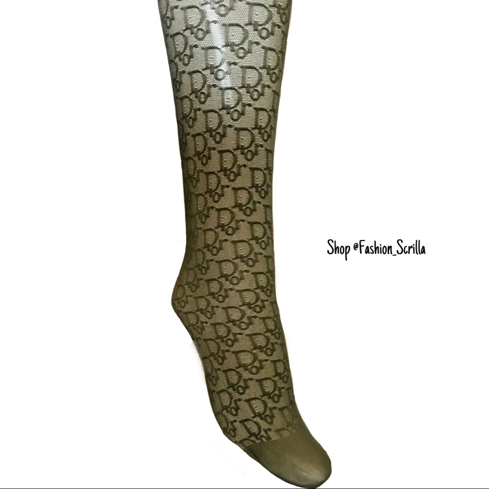 Dior Vintage Green Olive Y2K Oblique Monogram Logo Sheer stocking socks - Picture 7 of 7